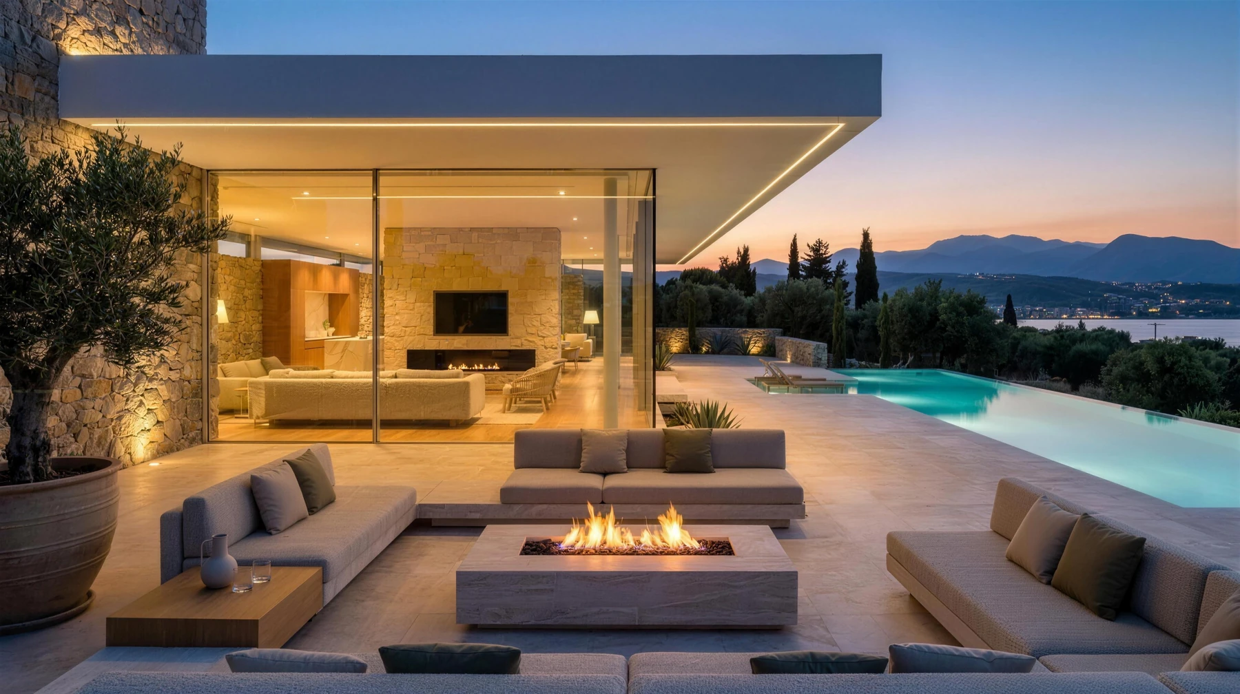 Terraza de la villa al atardecer con piscina infinity